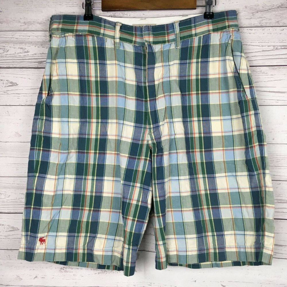 Abercrombie Fitch Mens Plaid Shorts sz 32‎ Blue Green Casual Flat Front Cotton
